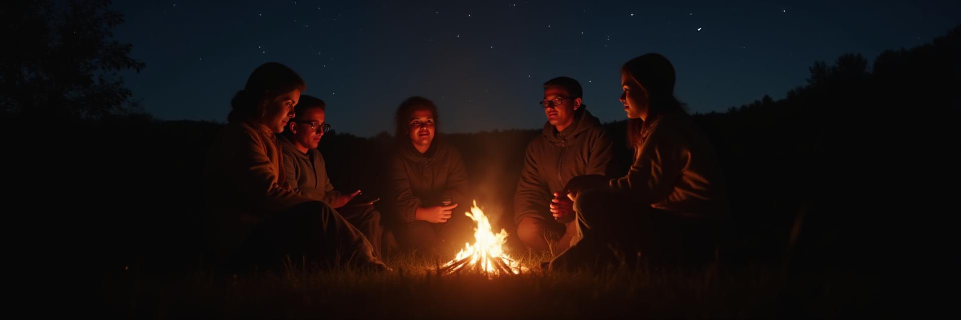 밤하늘 아래 모닥불 주위에 앉아 이야기 나누는 사람들의 실루엣